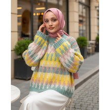 Moda Morfo Üç Renkli Desenli Kalın Triko Kazak -Mint