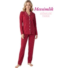Guava Kadın Kırmızı Desenli Slim Fit Gömlek Yaka Önden Düğmeli Dar Kalıp Mevsimlik Uzun Kol Pijama Takımı