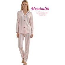 Guava Kadın Pembe-Beyaz Çizgili Slim Fit Gömlek Yaka Önden Düğmeli Dar Kalıp Mevsimlik Uzun Kol Pijama Takımı