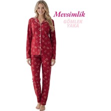 Guava Kadın Kırmızı Kalp Desenli Slim Fit Gömlek Yaka Önden Düğmeli Dar Kalıp Mevsimlik Uzun Kol Pijama Takımı
