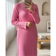Moda Morfo Kolları Düğmeli Eteği Fırfırlı Triko Elbise -Pembe