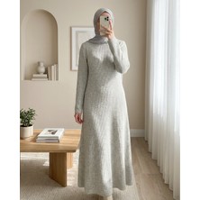 Moda Morfo Bisiklet Yaka Beli Oturtmalı Yumoş Triko Elbise -Bej