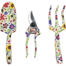 Normadia 3'lü Canlı Çiçek Desenli Bahçe Aletleri Seti, Kürek, Budama Makası, El Tırmığı