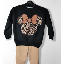 Moda Rüyası Mickey Mouse Leopar Desenli Siyah Kız Çocuk Alt Üst Takım – 4-8 Yaş