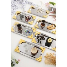 Aksesuar Evreni Foldosi Gümüş 6'lı Gold Süs Detaylı Kayık Kahve Sunum Tepsisi Servis Çay Tepsisi Dekoratif Tepsi