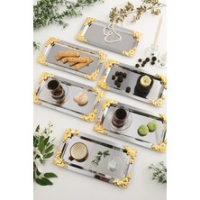 Aksesuar Evreni Molisi Gümüş 6'lı Gold Süs Detaylı Kayık Kahve Sunum Tepsisi Servis Çay Tepsisi Dekoratif Tepsi