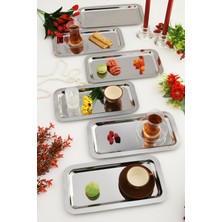 Aksesuar Evreni Dalin Gümüş Dikdörtgen Paslanmaz Çelik 6'lı Takım Çay Kahve Servis Sunum Tepsisi