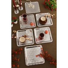 Aksesuar Evreni Alora Gümüş Paslanmaz Desenli Kare 6'lı Kahve Çay Sunumluk Servis Tepsi