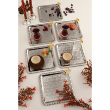 Aksesuar Evreni Dolce Gümüş Paslanmaz Desenli Kare Köşesi Tek Kelebek Detaylı 6'lı Kahve Çay Sunumluk Servis Tepsi