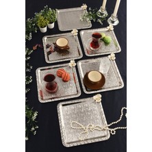 Aksesuar Evreni Berlin Gümüş Paslanmaz Desenli Kare Köşesi Taş Detaylı 6'lı Kahve Çay Sunumluk Servis Tepsi