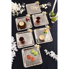 Aksesuar Evreni Oslo Gümüş Paslanmaz Desenli Kare Köşesi Kelebek Taş Detaylı 6'lı Kahve Çay Sunumluk Servis Tepsi