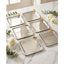 Aksesuar Evreni Nolin Gümüş Paslanmaz 6'lı Takım Gold Kelebek Detaylı Genel Sunum Tepsisi Kahve Sunum Çay Tepsisi