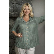 Agora Otantik Kadın Yıkama Pamuk Kumaş Uzun Kol File Detaylı Kapüşonlu Gömlek