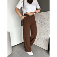 Madame Melek Kadın Yüksek Bel Kemerli Bol Paça Kumaş Pantolon Gri