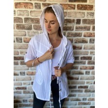 Agora Otantik Kadın Yıkama Pamuk Kumaş Uzun Kol File Detaylı Kapüşonlu Gömlek