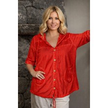 Agora Otantik Kadın Yıkama Pamuk Kumaş Uzun Kol File Detaylı Kapüşonlu Gömlek