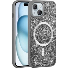 Paladyum Case iPhone 14 Plus ve 15 Plus Uyumlu Pırlanta Tasarım Magsafe Gri Mozaik Kapak