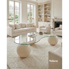 Velura Home & Living Modern Orta Sehpa & Top Sehpa Cam Sehpa & Küre Orta Sehpa - Krem Top - Fasulye - Şeffaf Cam