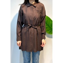 Lale Butik Nakış Işlemeli Oversize Gömlek Tunik 4471 Kahve