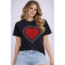 herkesemoda Amour Love Baskı Detaylı Basic T-Shirt