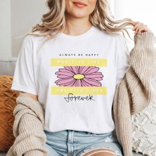 herkesemoda Always Be Happy Baskı Detaylı Basic T-Shirt