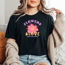 herkesemoda Flowers Love Baskı Detaylı Basic T-Shirt