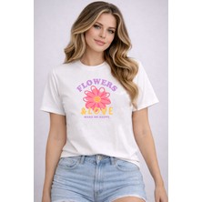herkesemoda Flowers Love Baskı Detaylı Basic T-Shirt
