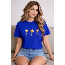 herkesemoda Sarı Çiçekler  Baskı Detaylı Basic T-Shirt