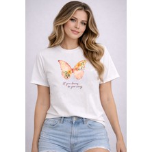 herkesemoda Kelebek Baskı Detaylı Basic T-Shirt