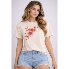 herkesemoda Pembe Çiçekler Baskı Detaylı Basic T-Shirt