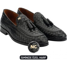 Indispensablely Isme Özel El Örgüsü Kösele Erkek Ayakkabi - Haki̇ki̇ Deri̇ - Altin Harf - AA01002 - Si̇yah