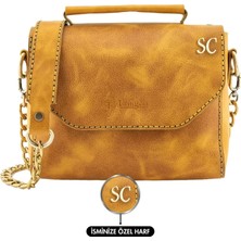 Indispensablely Isme Özel Çitçitli Zi̇nci̇rli̇ Küçük Boy El Omuz Çantasi - Deri̇ - AC03001 - Hardal Sarisi