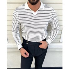Cool Tarz Erkek Çizgili Polo Yaka Triko Kazak