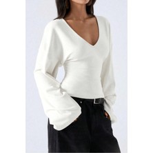 Tarz Cool Kadın V Yaka Uzun Kollu Belden Oturtmalı Bluz