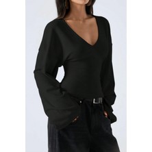 Tarz Cool Kadın V Yaka Uzun Kollu Belden Oturtmalı Bluz