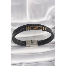 Indispensablely 316L Çeli̇k Gold Renk Kanat Aksesuarli Si̇yah Burgu Model Deri̇ Kordon Erkek Bi̇lekli̇k