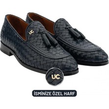 Indispensablely Isme Özel El Örgüsü Kösele Erkek Ayakkabi - Haki̇ki̇ Deri̇ - Gümüş Konseptli̇- AA01010 - Laci̇vert