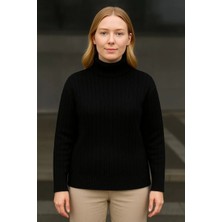 Indispensablely Kadin Balikci Yaka Bağazli Tri̇ko Kazak Pamuklu Kalin Fi̇ti̇lli̇ Dokuma - Si̇yah