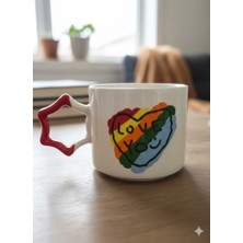 Palto Tasarım Love You Krem Parlak Yıldız Kulp Kupa- Hediye Seramik Kupa