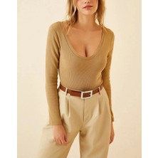 Indispensablely Kadin Fi̇ti̇lli̇ Li̇krali Body Crop - Camel