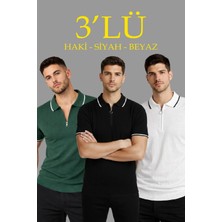 Indispensablely Erkek 3’lü Paket Dokuma Tri̇ko Fermuarli Yakali Fi̇ti̇lli̇ Kisa Kollu Regular Fi̇t Ti̇şört - Beyaz, Haki̇