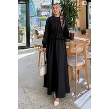 Tesettür Diyarı Büzgü Detaylı Etek Gömlek Takım- Siyah