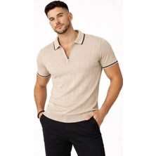 Indispensablely Erkek Fermuarli Yaka Fi̇ti̇lli̇ Tri̇ko Kisa Kollu Regular Fi̇t Ti̇şört T-Shi̇rt - Bej