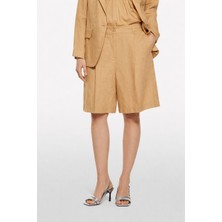 Sisley %100 Keten Pile Detaylı Yüksek Bel Bermuda Şort Kadın Sarı Şort - 325P4AGHL901K