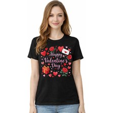herkesemoda Happy Valentines Day Baskı Detaylı Basic T-Shirt
