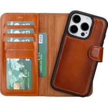 Najmaddin Apple iPhone 15 Pro Uyumlu Deri Cüzdanlı Kılıf Mwwn RST2EF Taba