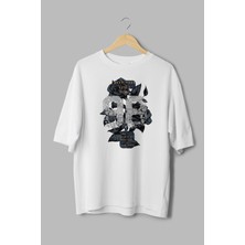 Overoz 98 Gül Baskılı Yarı Oversize Beyaz T-Shirt 1042