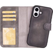 Najmaddin Apple iPhone 16 Plus Uyumlu, Hakiki Deri, El Yapımı, Cüzdanlı Kılıf, Gölgeli Gri