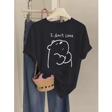 herkesemoda I Don Care Ayıcık  Baskı Detaylı Basic T-Shirt