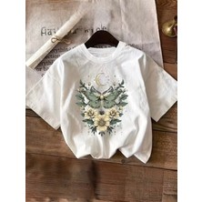herkesemoda Kelebek Çiçek Baskı Detaylı Basic T-Shirt
